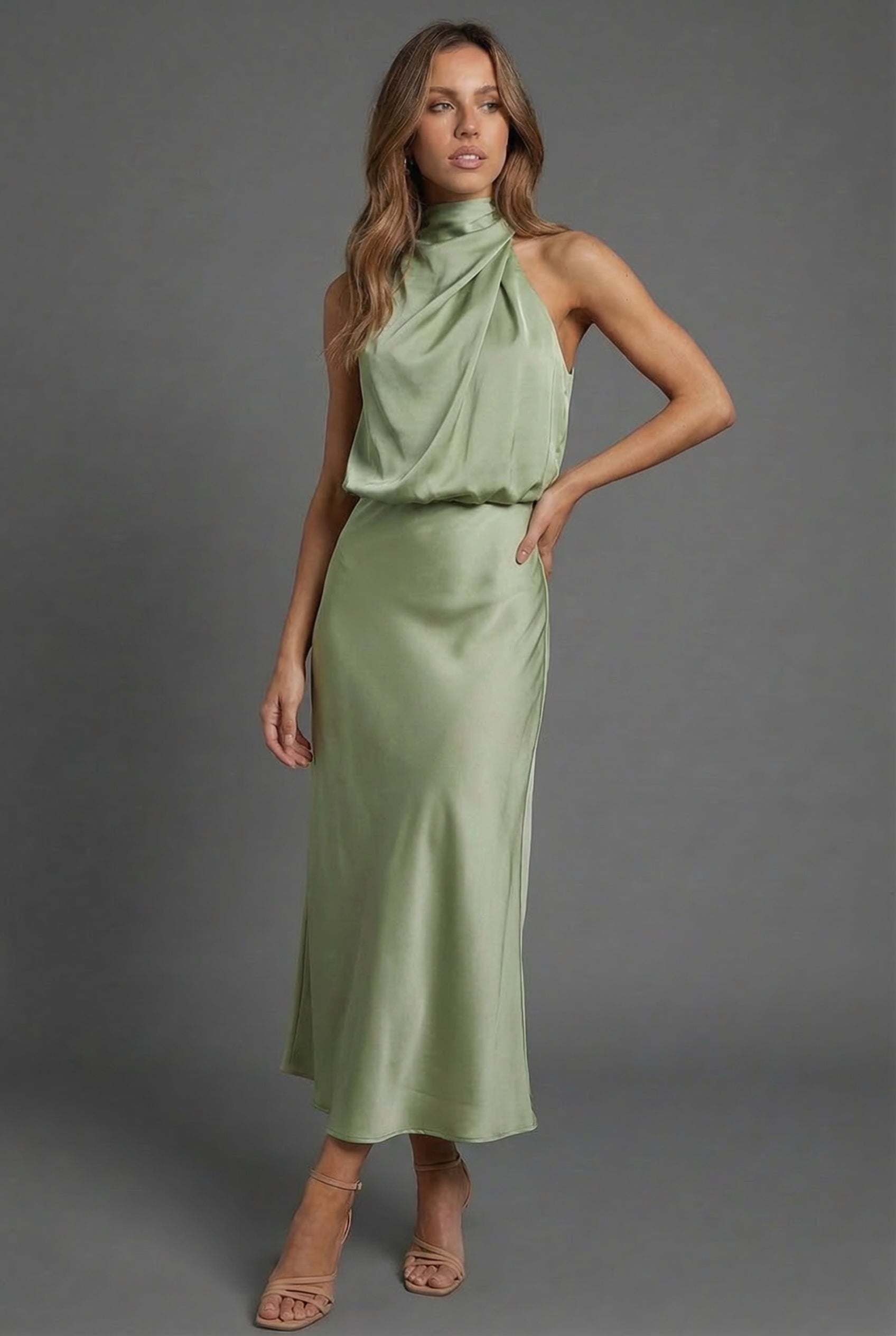 Draped Halter Neck Satin Midi Dress for Women — image 11