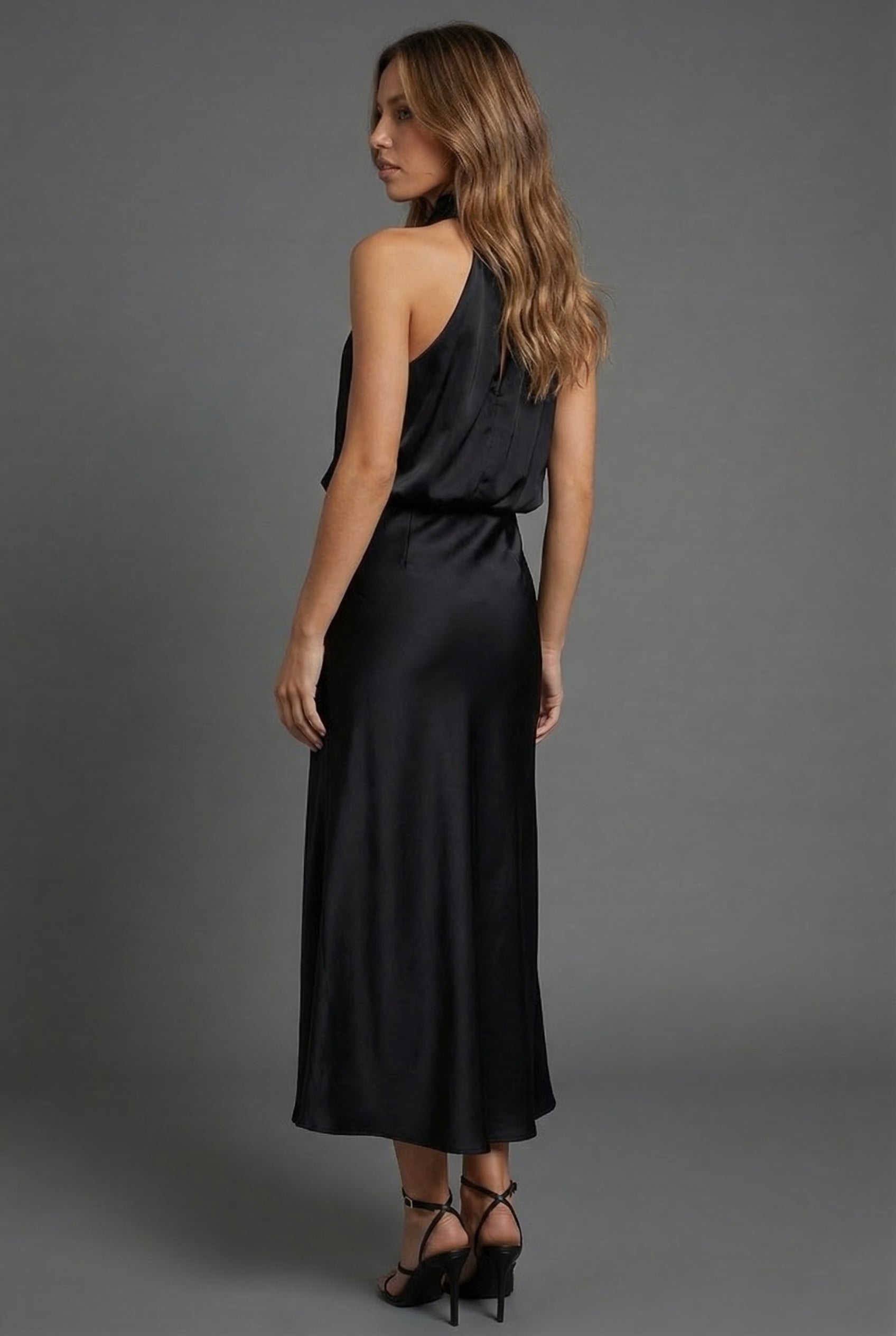 Draped Halter Neck Satin Midi Dress for Women — model wearing