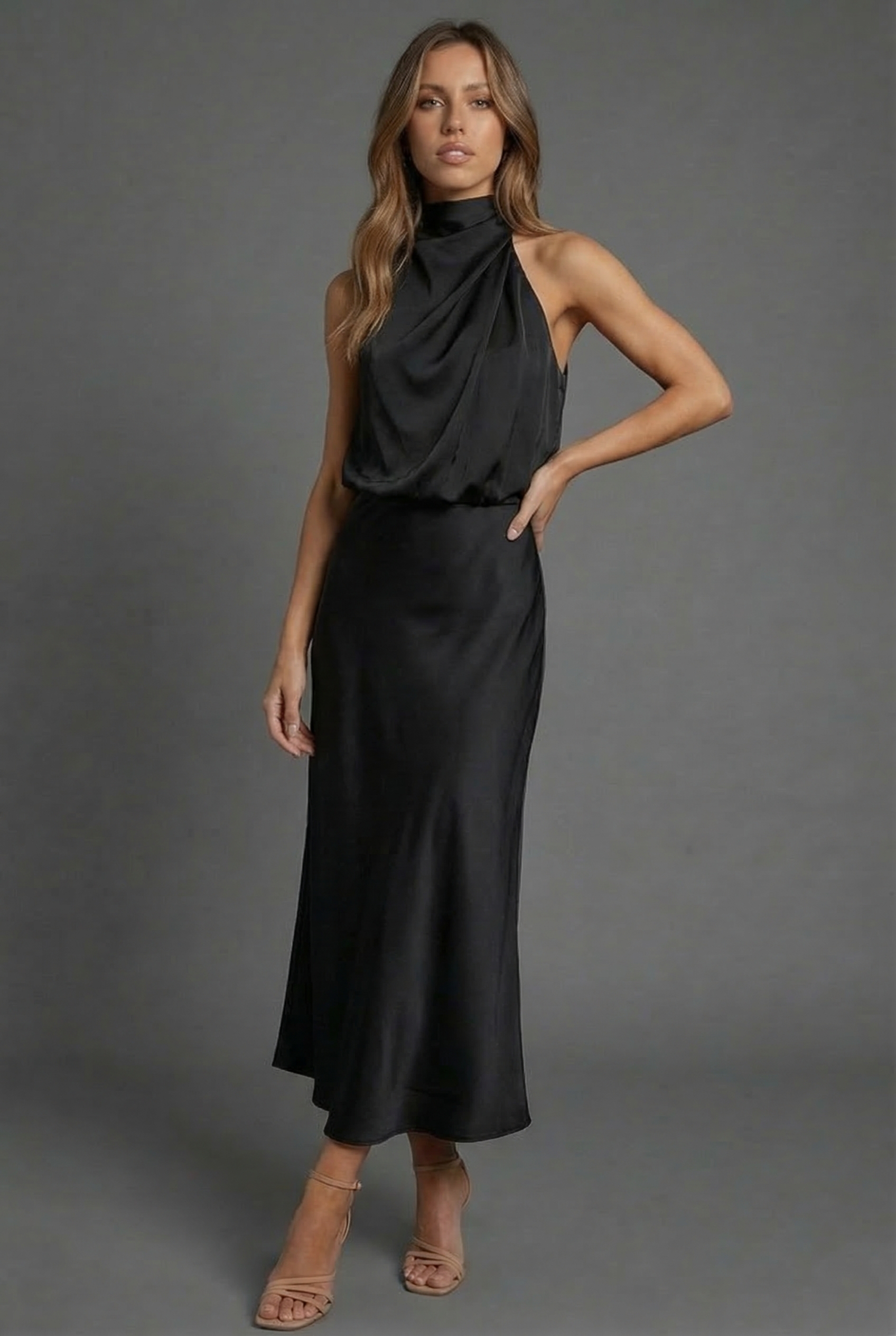 Draped Halter Neck Satin Midi Dress for Women — side view