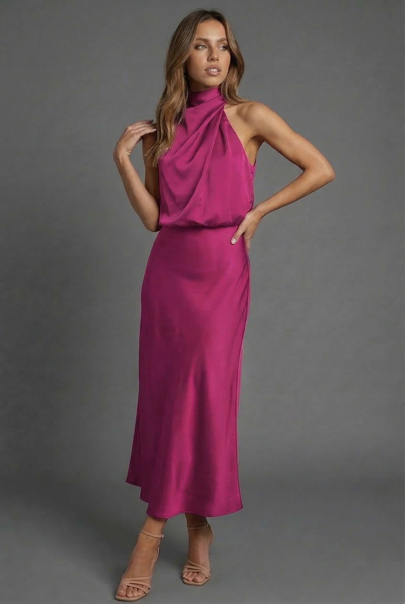 Draped Halter Neck Satin Midi Dress for Women — styling detail
