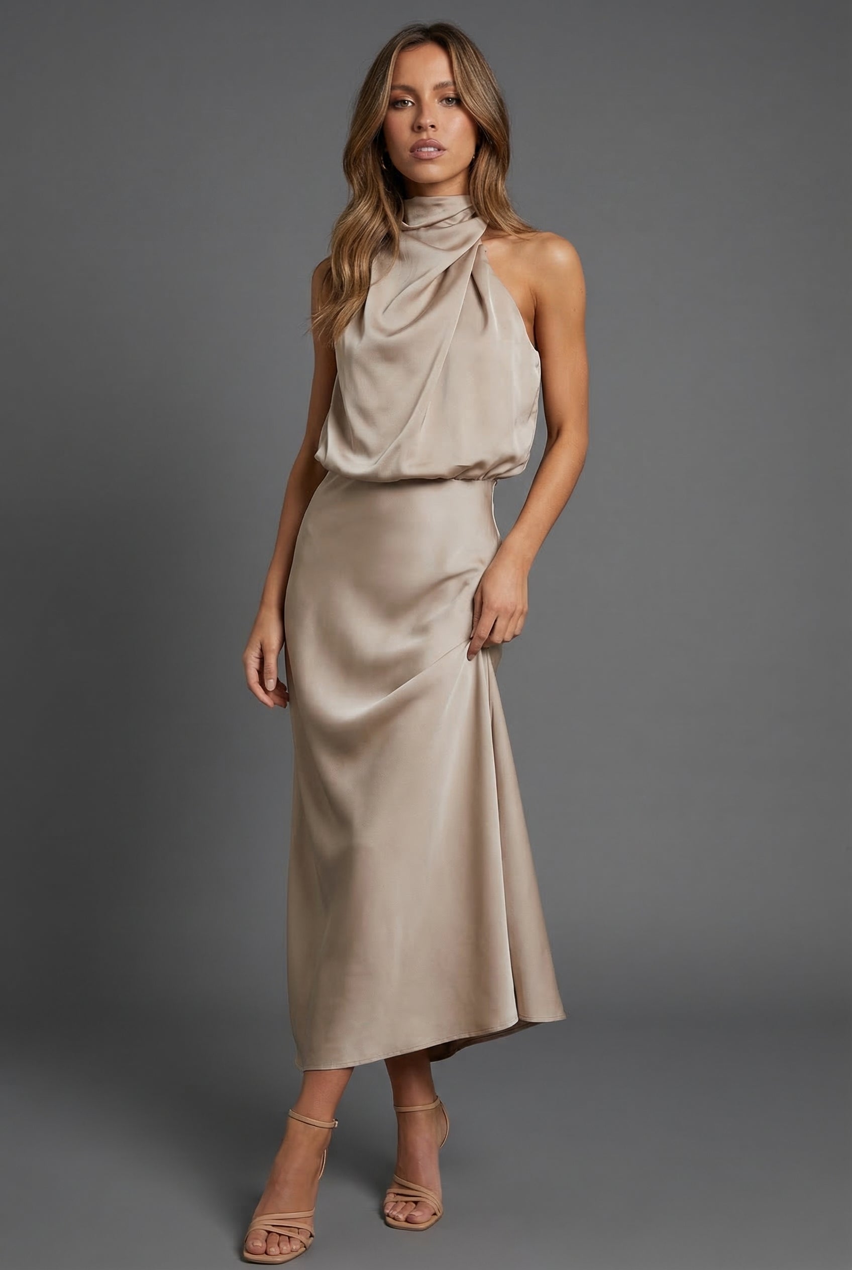 Draped Halter Neck Satin Midi Dress for Women