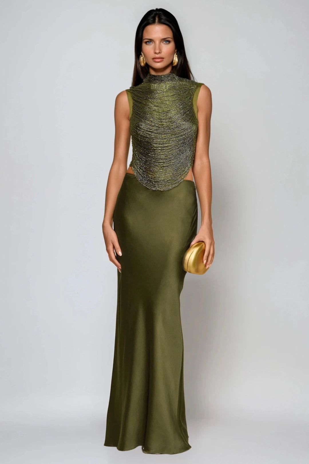 Draped High Neck Beaded Top and Satin Maxi Skirt Two-Piece Set