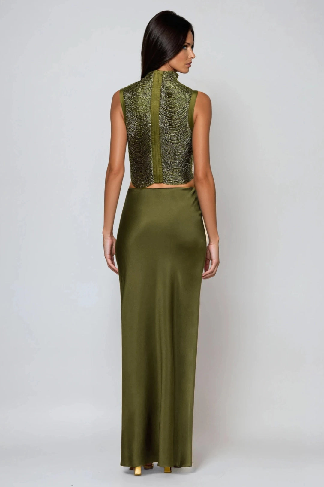 Draped High Neck Beaded Top and Satin Maxi Skirt Two-Piece Set