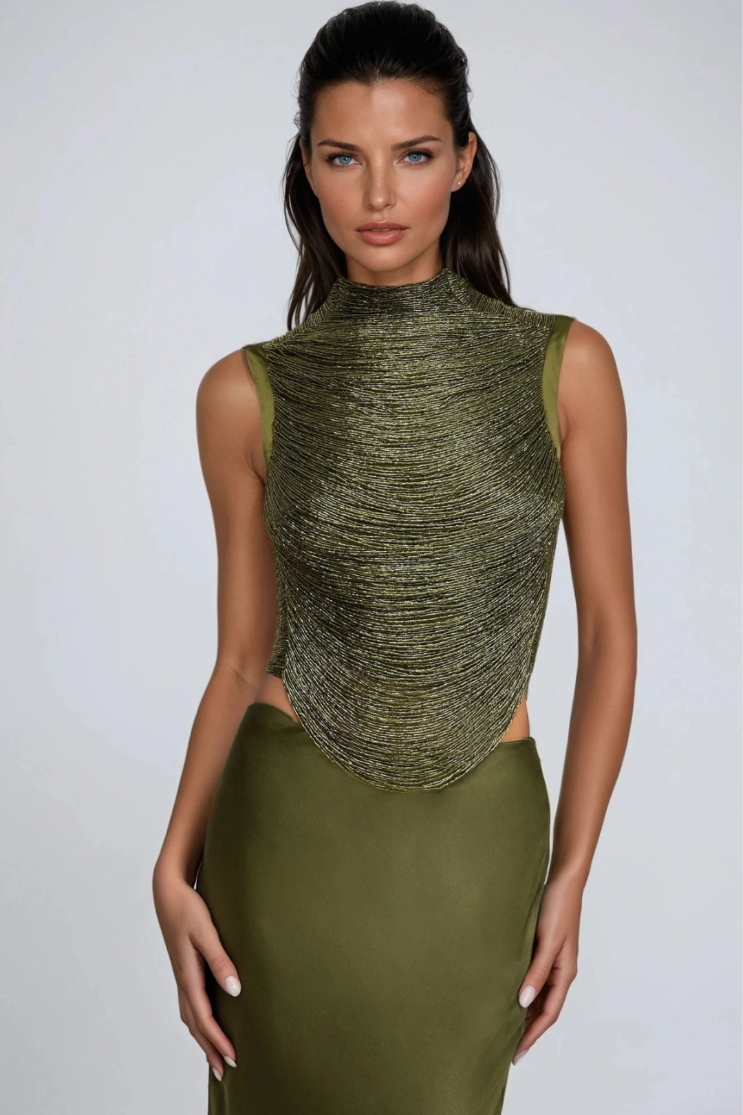 Draped High Neck Beaded Top and Satin Maxi Skirt Two-Piece Set