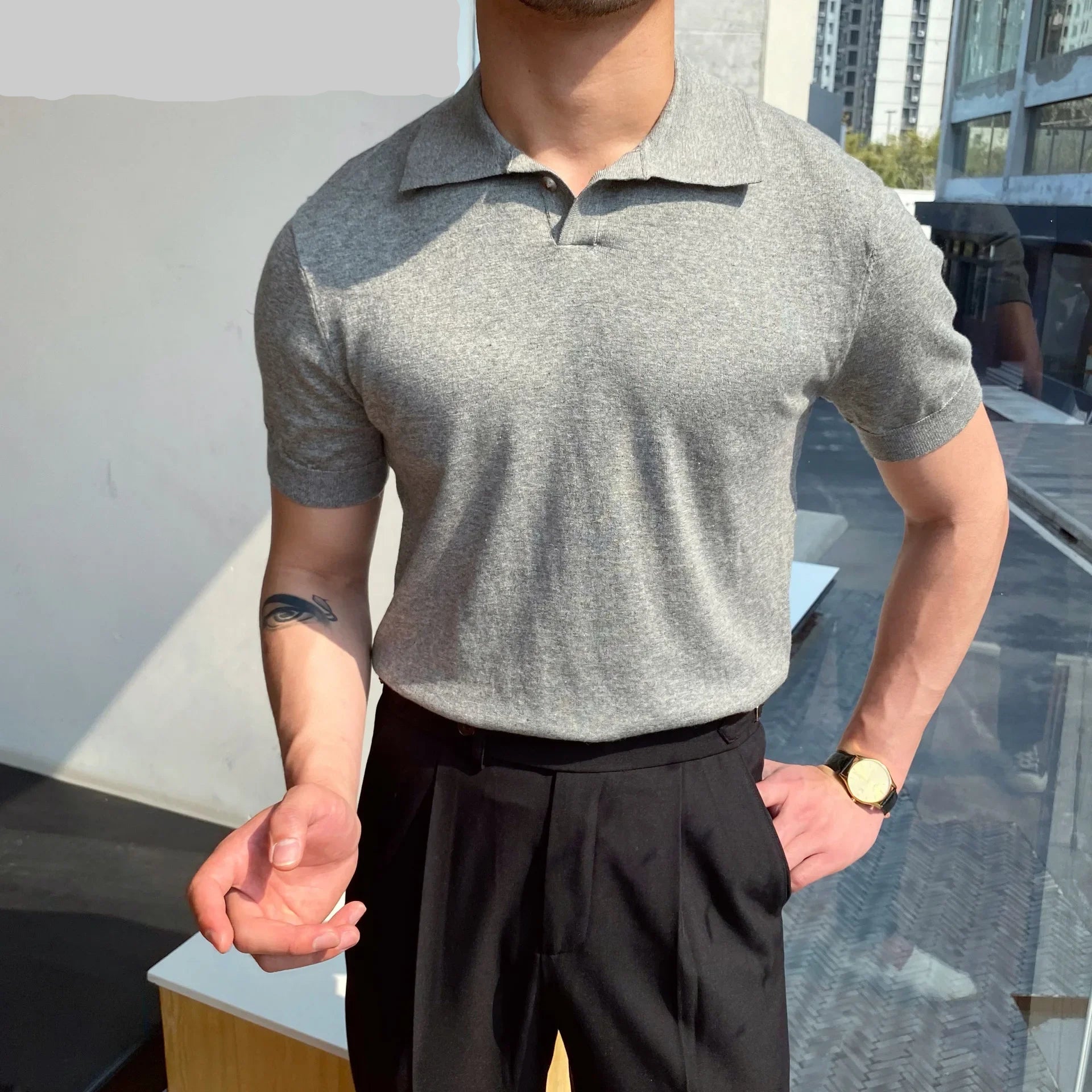 Elbow-Sleeved Polo Shirt – Stylish Slim-Fit Casual Wear — close-up