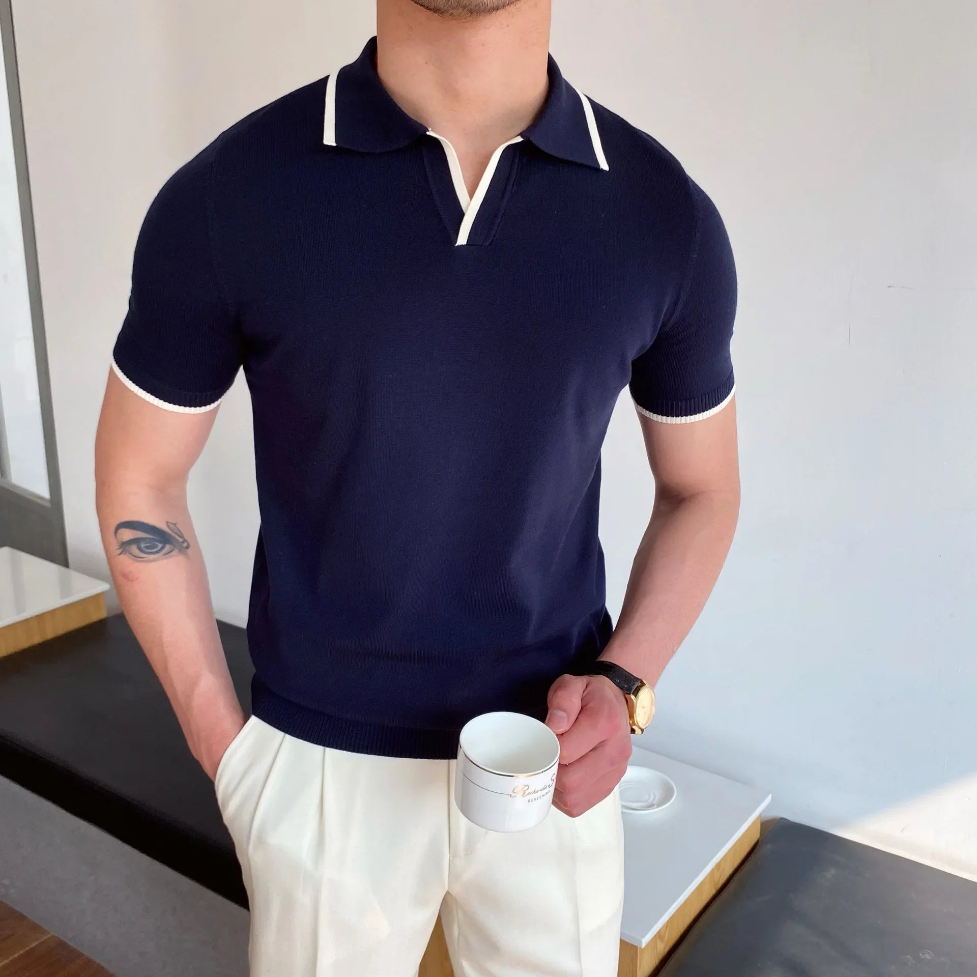 Elbow-Sleeved Polo Shirt – Stylish Slim-Fit Casual Wear — styling detail