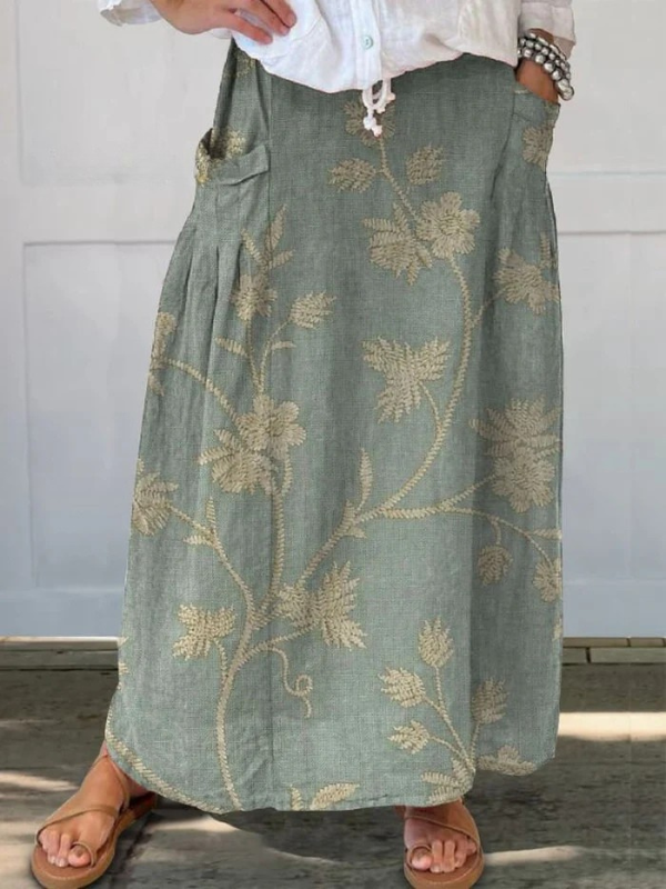 Elegant Floral Print A-Line Skirt with Elastic Waist — back view