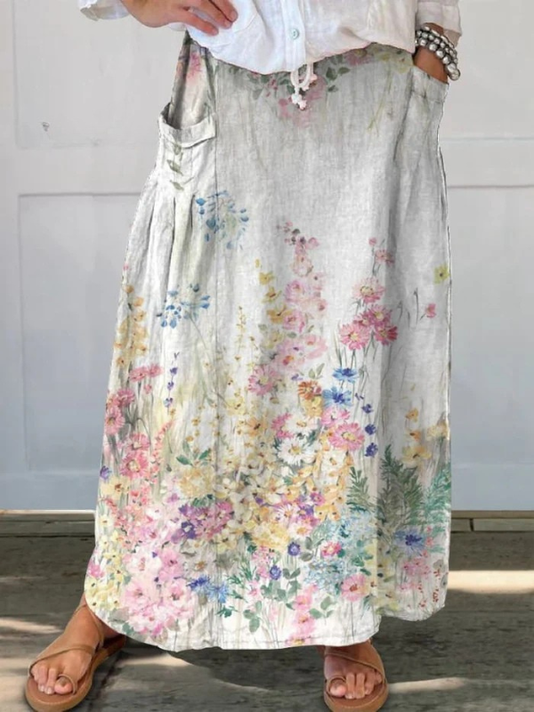 Elegant Floral Print A-Line Skirt with Elastic Waist — side view
