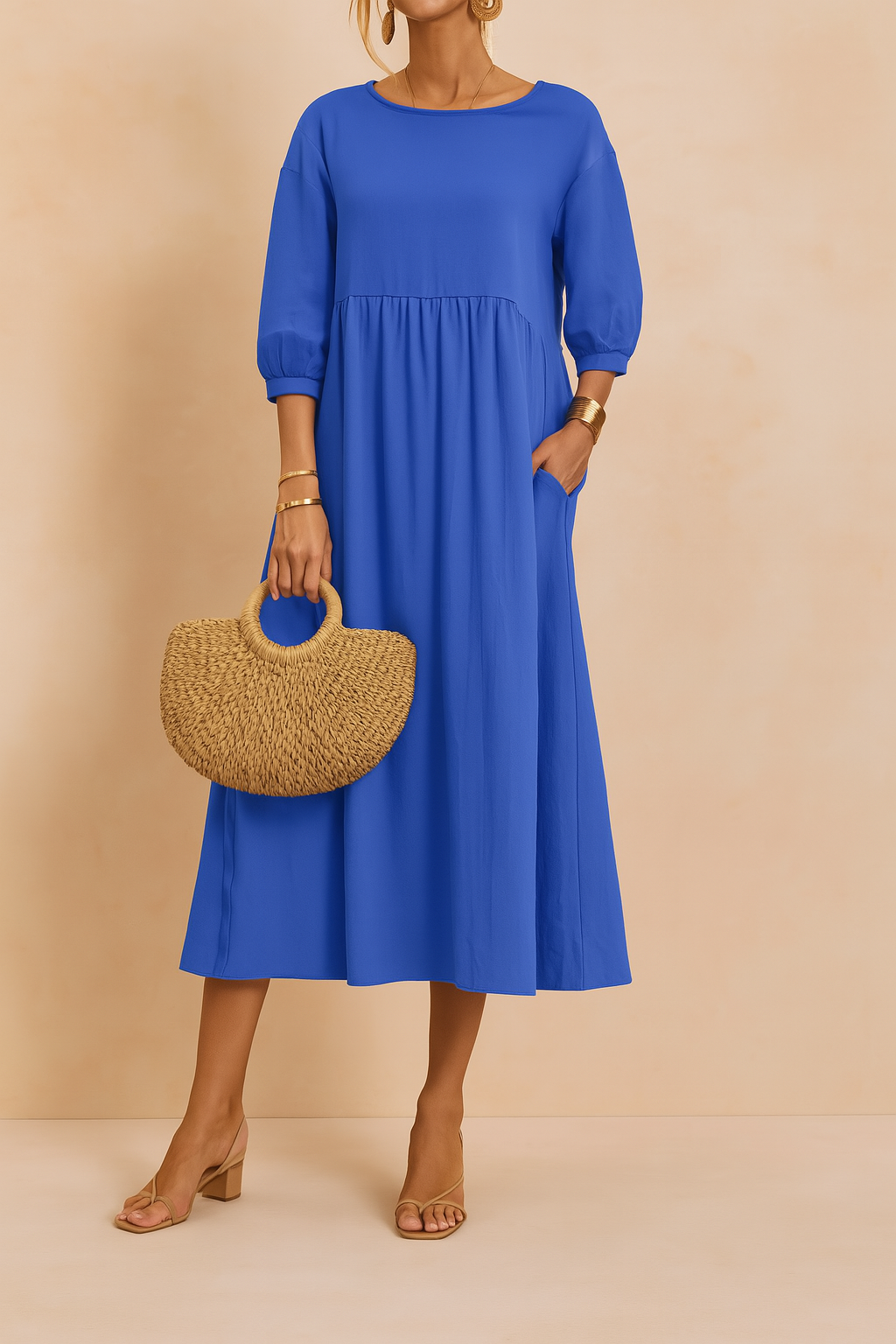Elegant Long Sleeve V-Neck Belted Midi Dress for Office and Evening — alternative angle