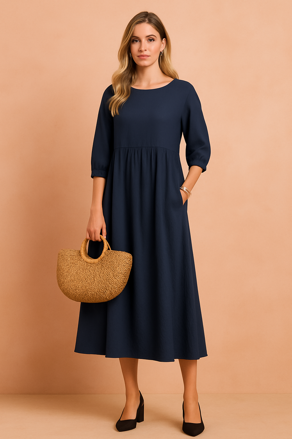Elegant Long Sleeve V-Neck Belted Midi Dress for Office and Evening — back view