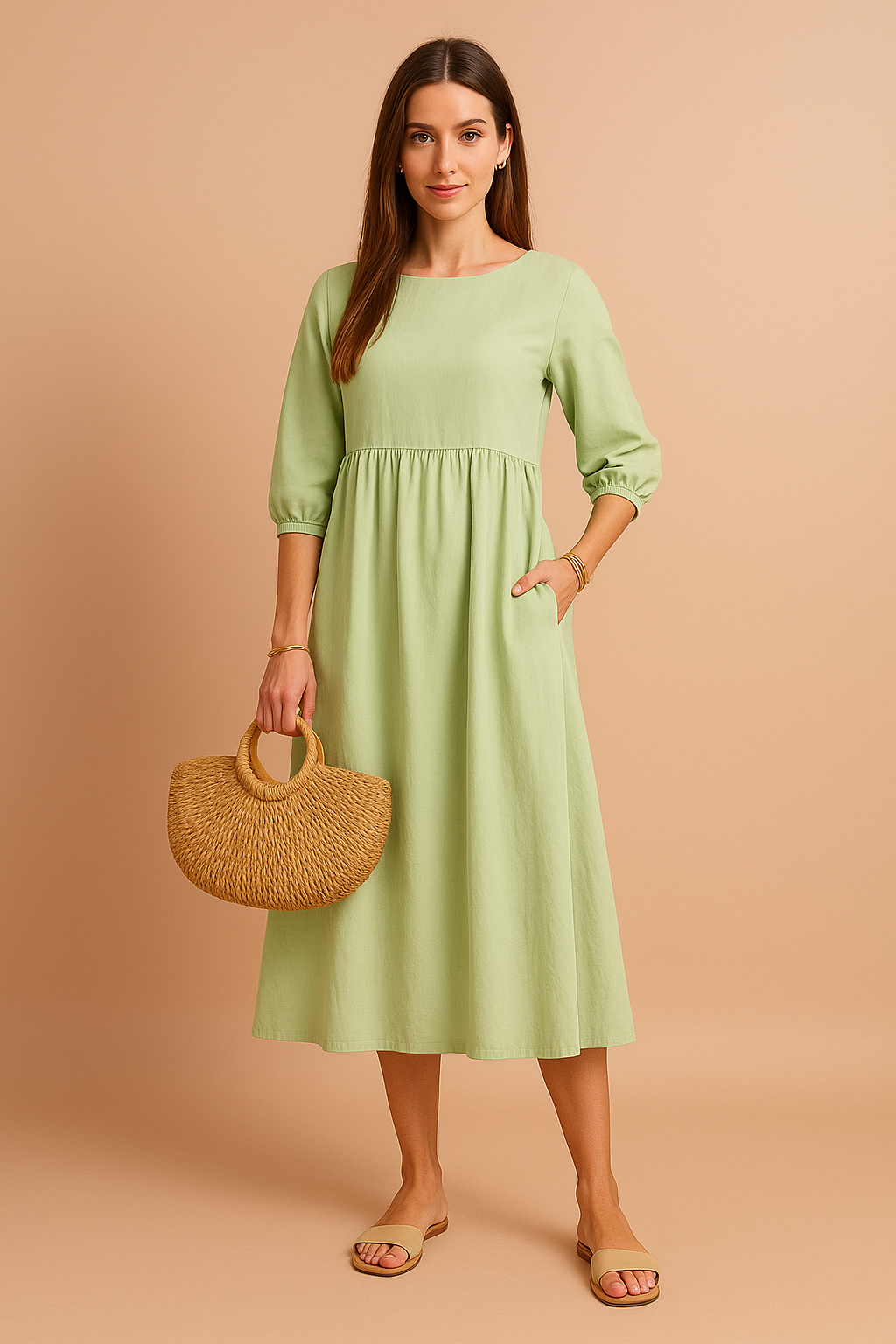 Elegant Long Sleeve V-Neck Belted Midi Dress for Office and Evening — close-up