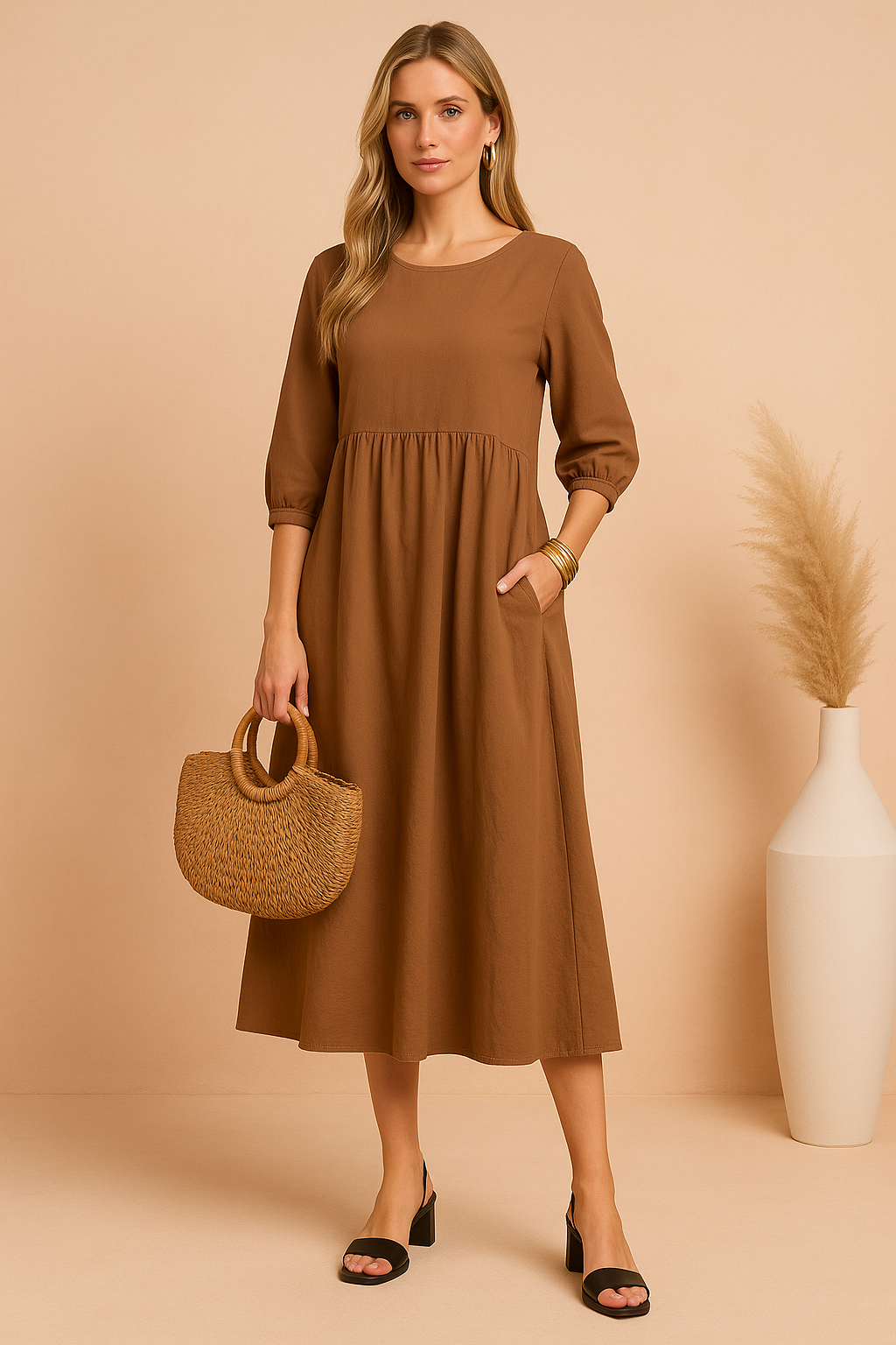 Elegant Long Sleeve V-Neck Belted Midi Dress for Office and Evening — detail view