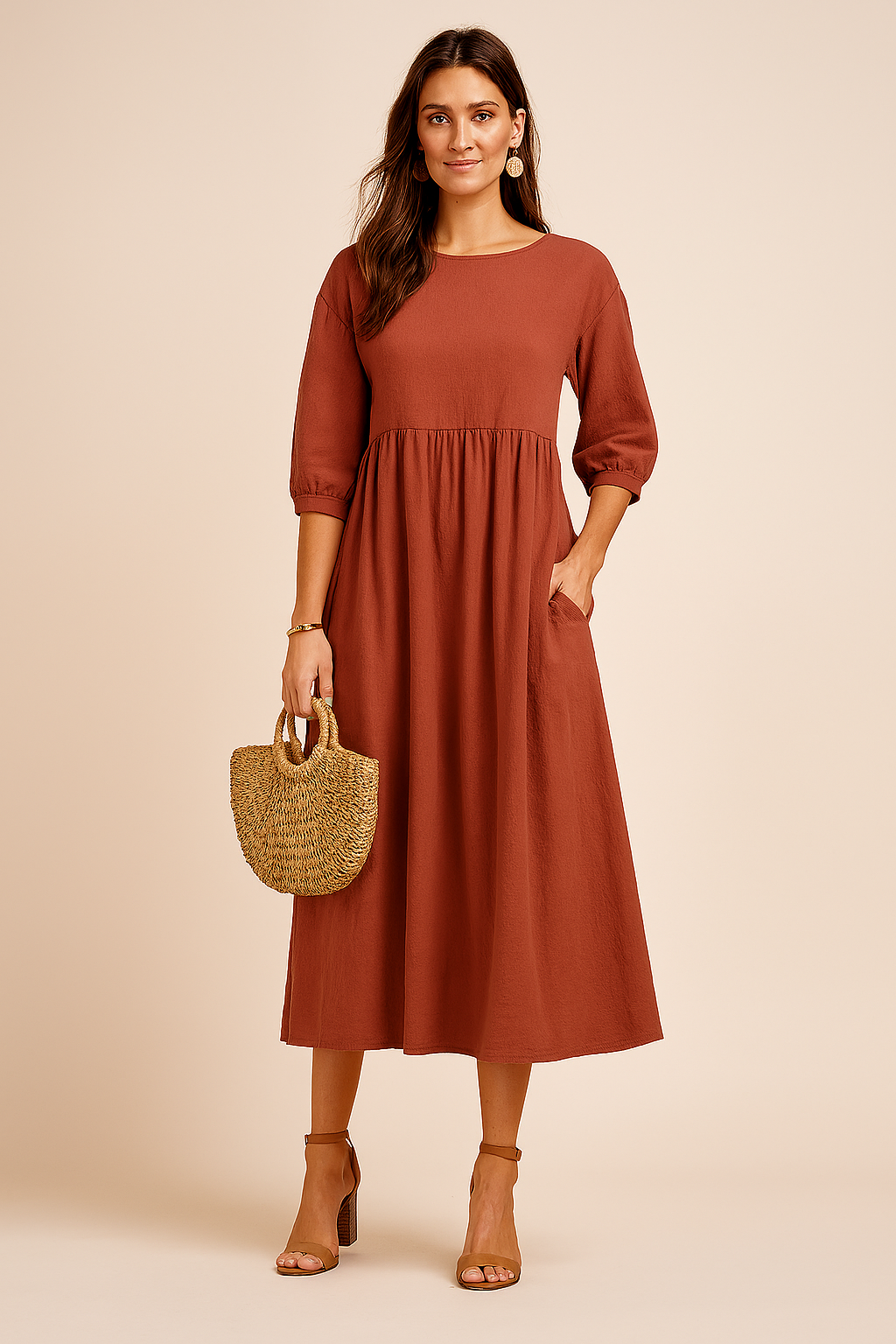 Elegant Long Sleeve V-Neck Belted Midi Dress for Office and Evening — fabric detail