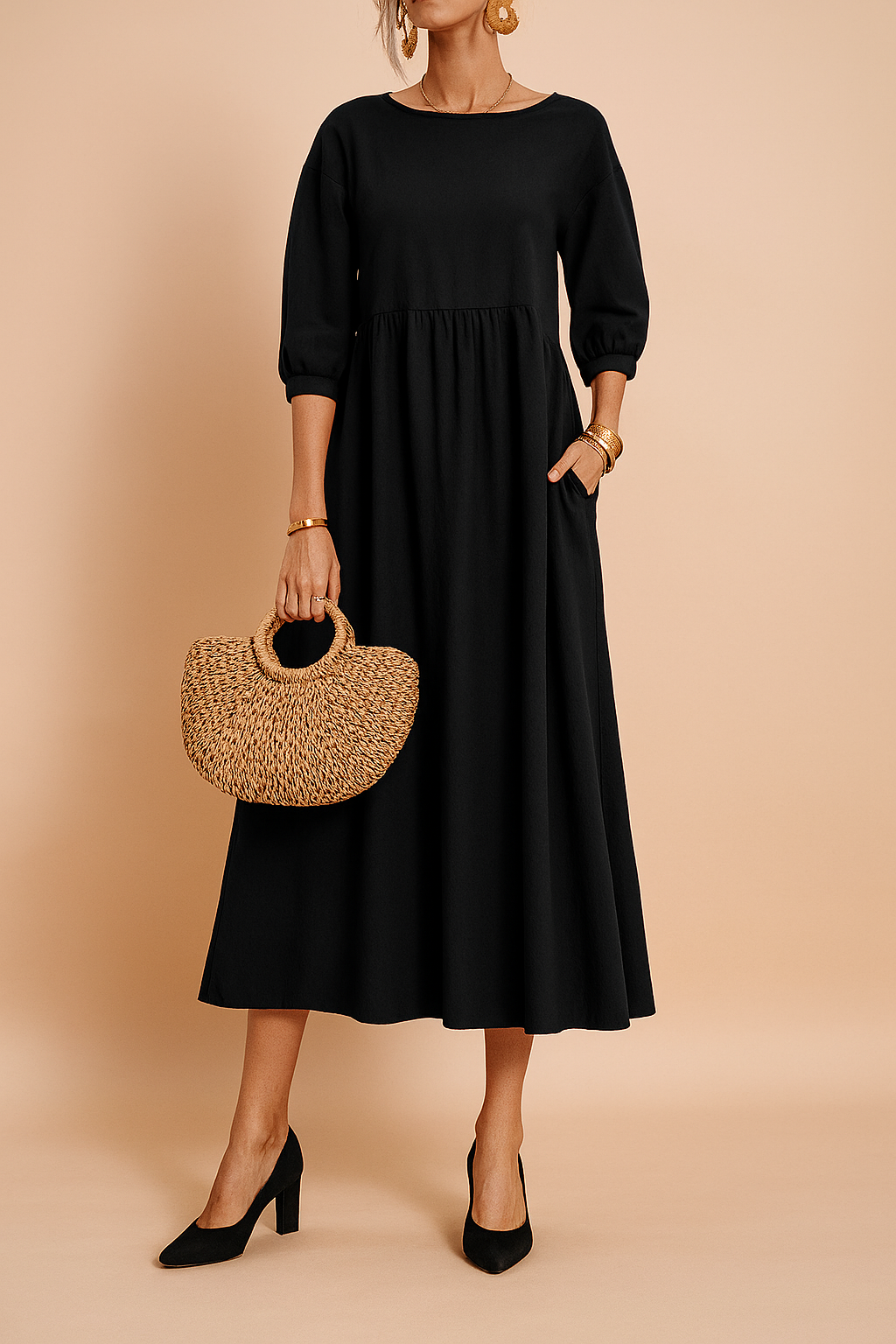 Elegant Long Sleeve V-Neck Belted Midi Dress for Office and Evening — model wearing