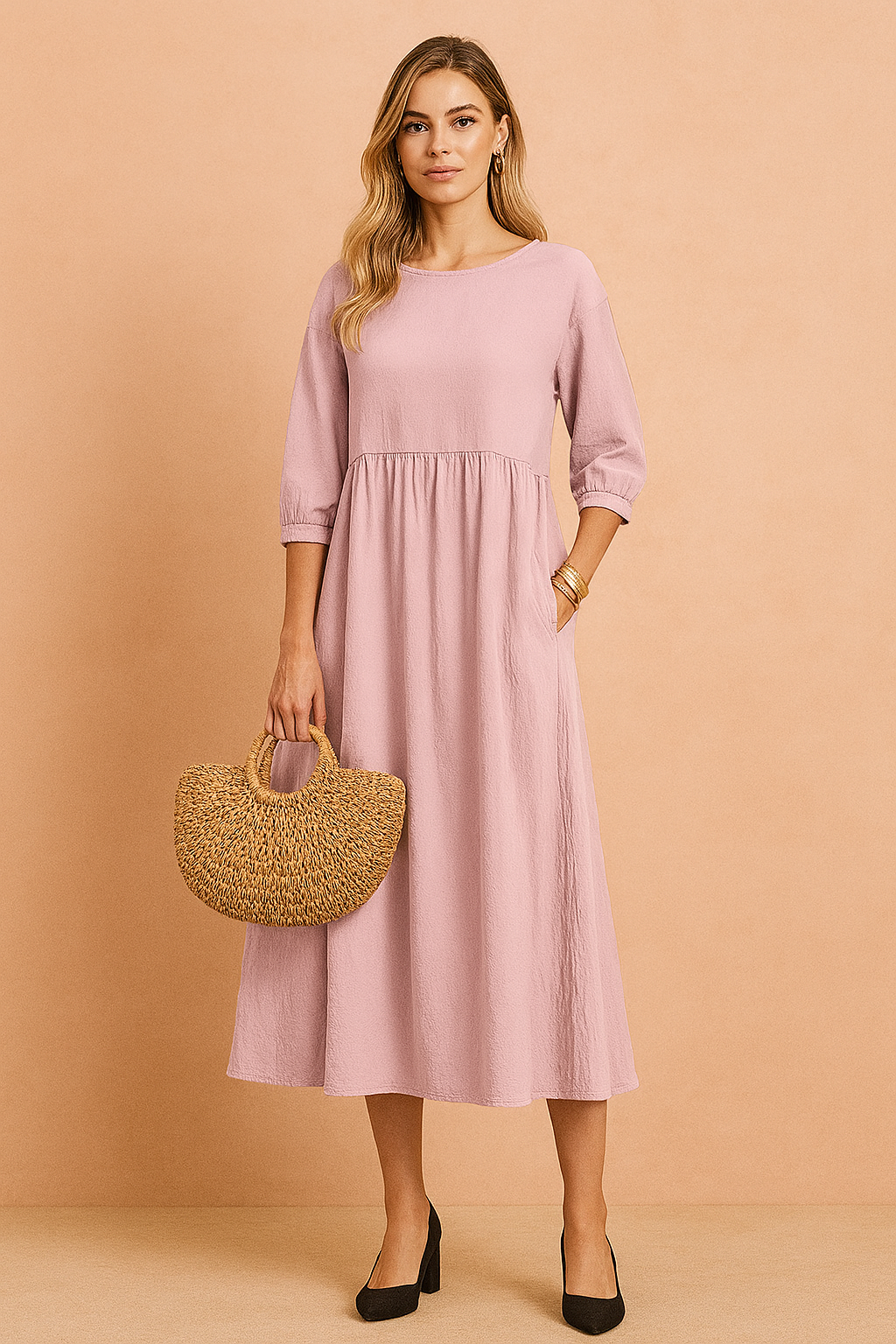 Elegant Long Sleeve V-Neck Belted Midi Dress for Office and Evening — side view