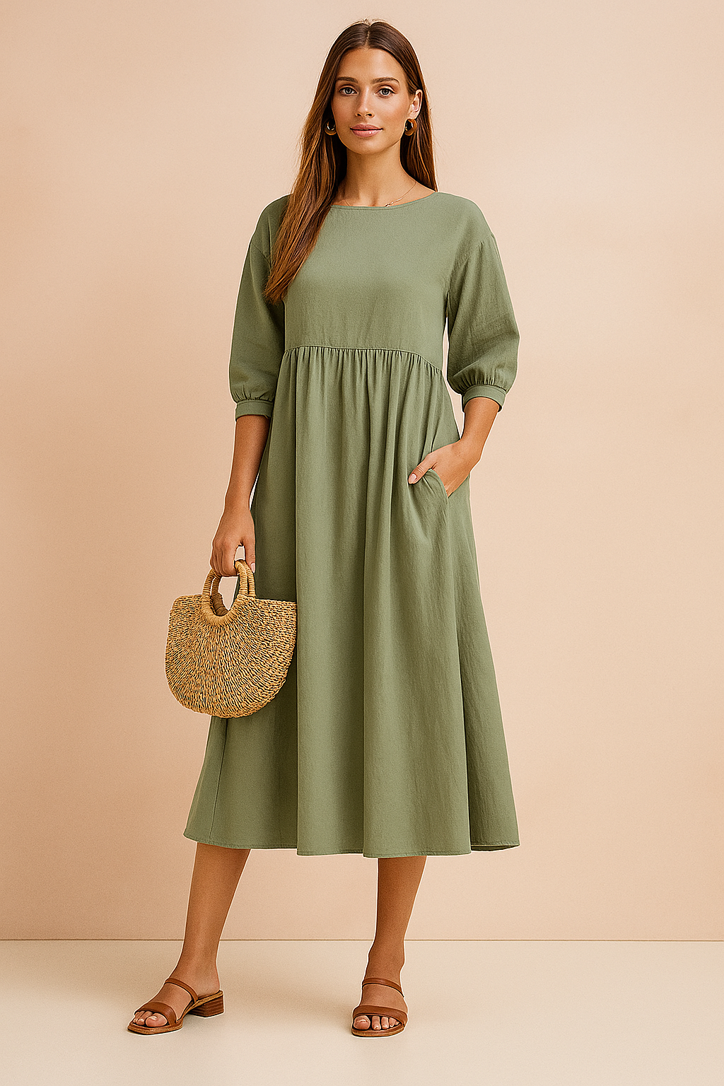 Elegant Long Sleeve V-Neck Belted Midi Dress for Office and Evening
