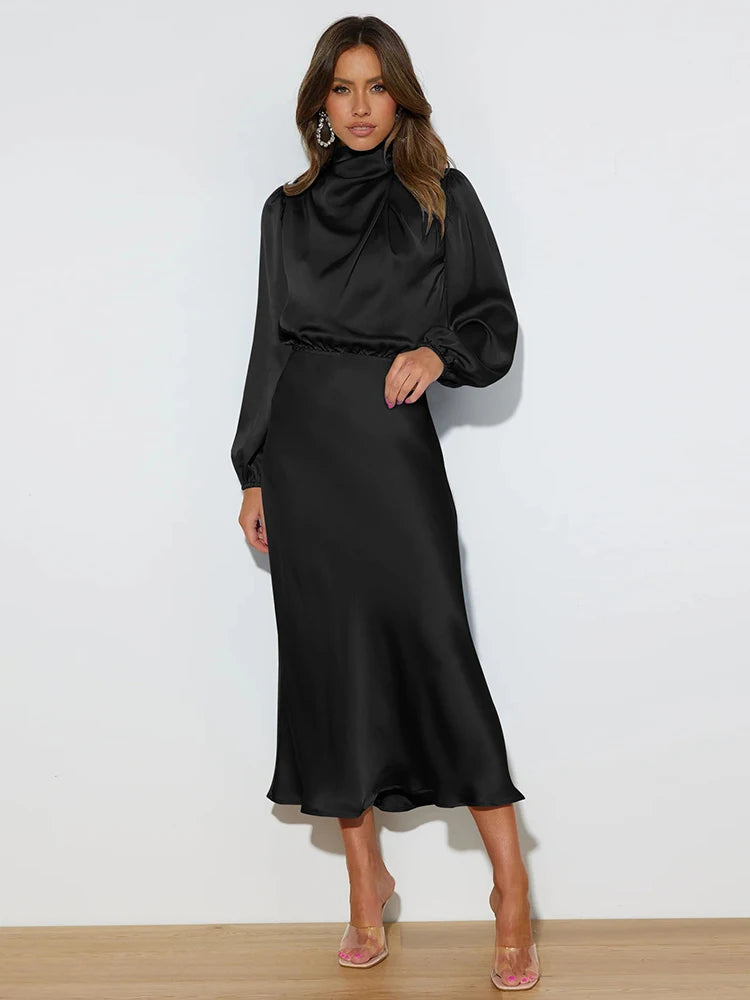 Elegant Satin Evening Dress – Chic Long Sleeves for Formal Occasions — alternative angle