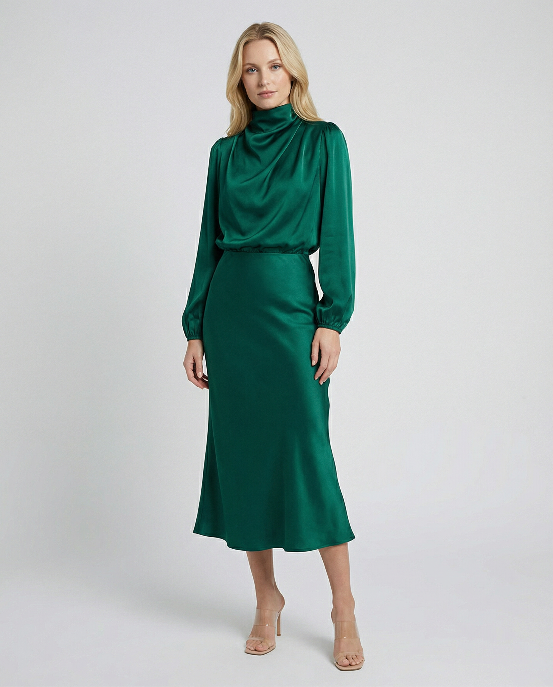 Elegant Satin Evening Dress – Chic Long Sleeves for Formal Occasions — back view