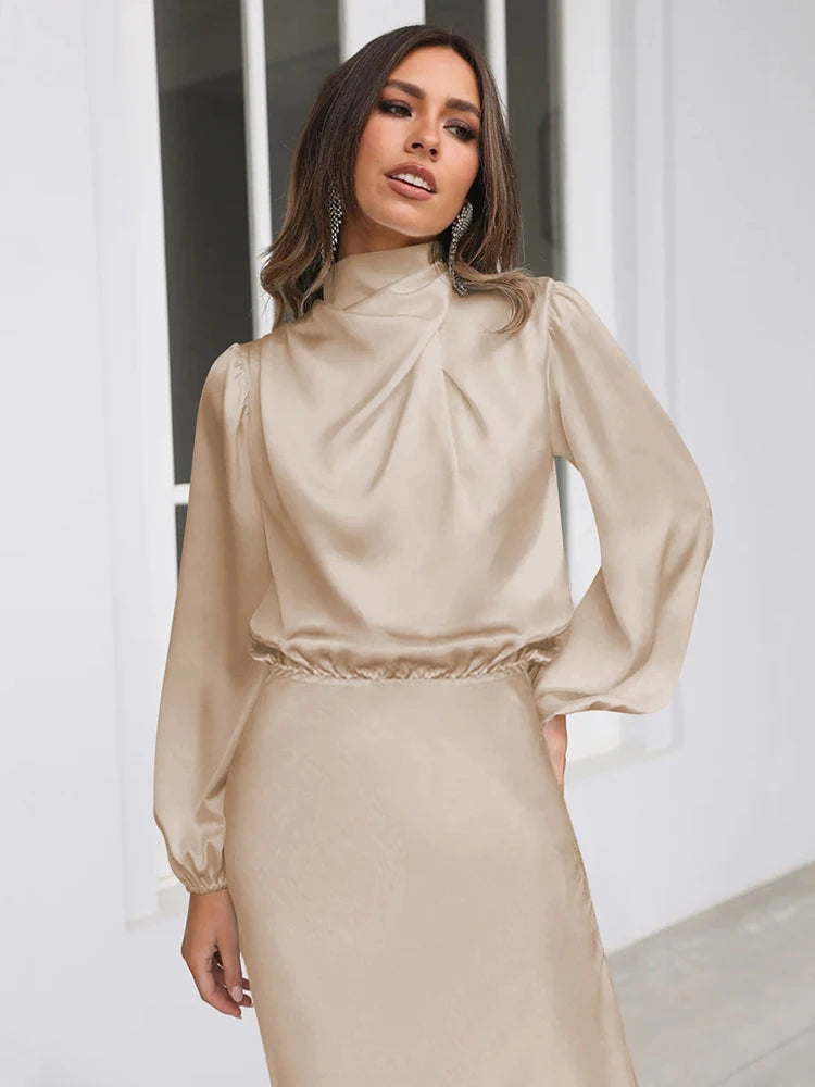 Elegant Satin Evening Dress – Chic Long Sleeves for Formal Occasions — close-up