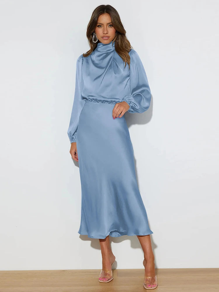 Elegant Satin Evening Dress – Chic Long Sleeves for Formal Occasions — fabric detail
