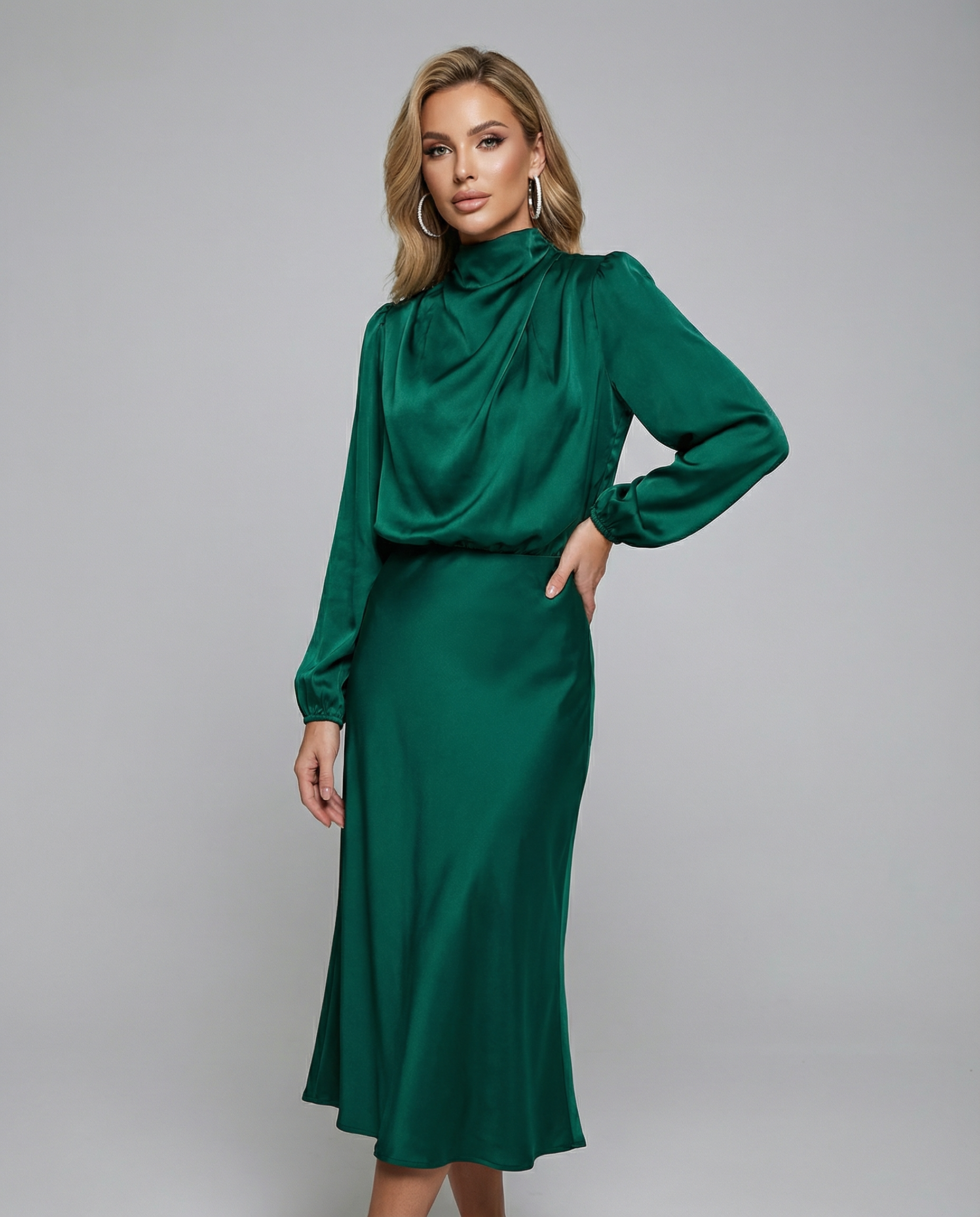 Elegant Satin Evening Dress – Chic Long Sleeves for Formal Occasions — side view