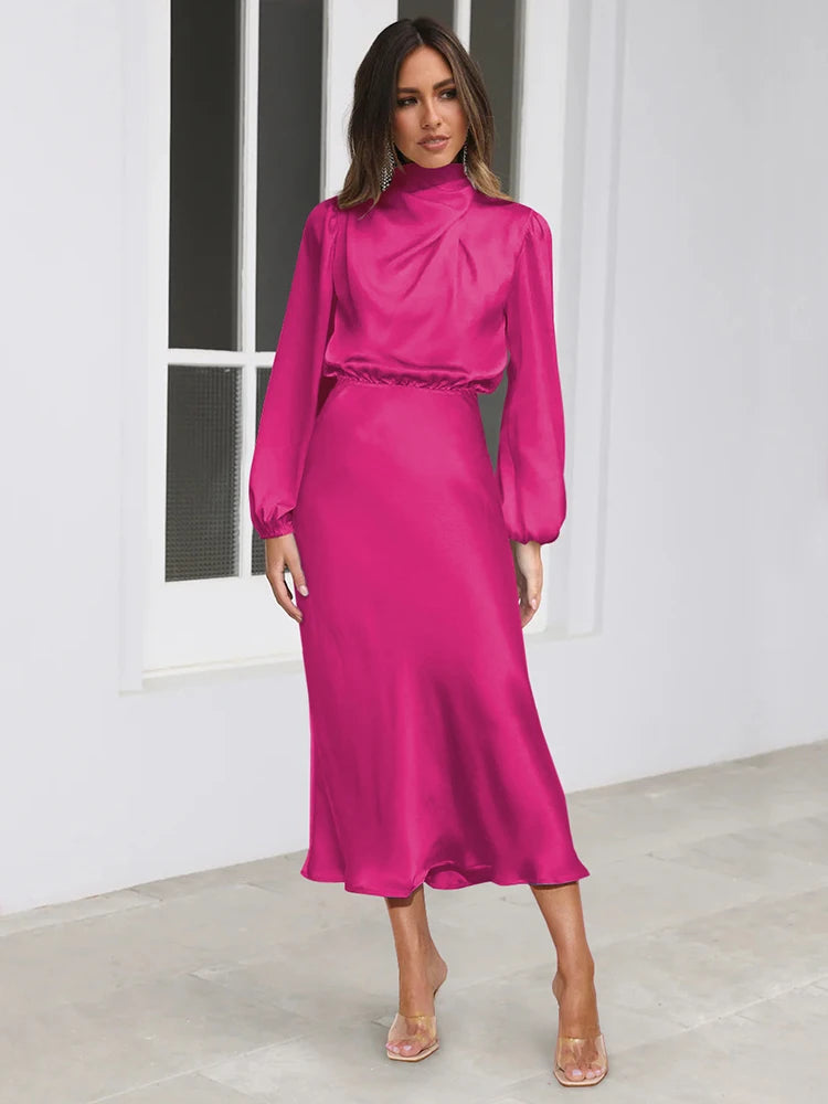 Elegant Satin Evening Dress – Chic Long Sleeves for Formal Occasions — styling detail