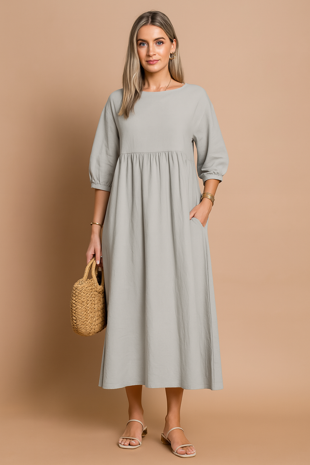 Elegant V-Neck Sleeveless Tiered Midi Summer Dress — detail view