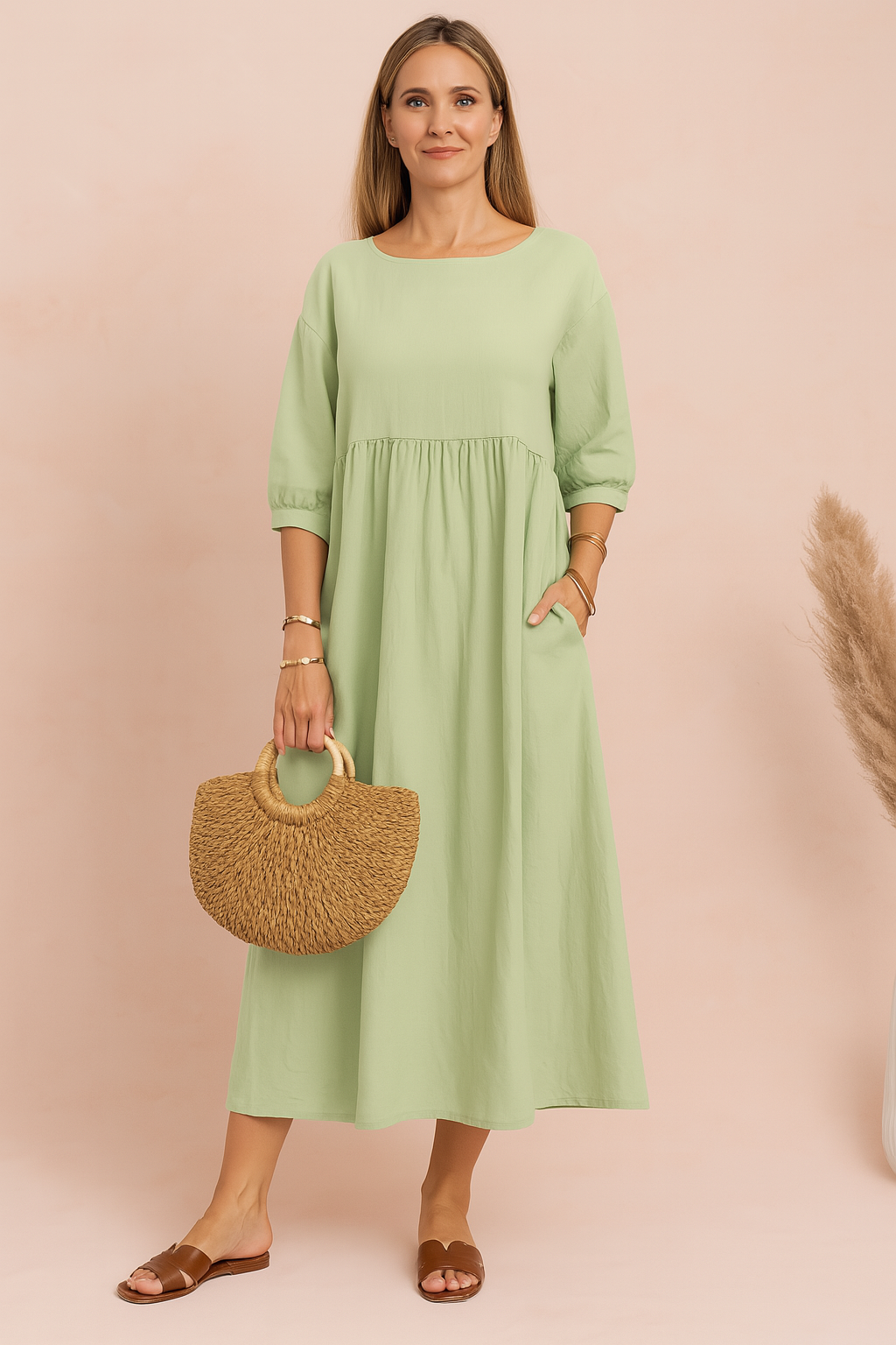Elegant V-Neck Sleeveless Tiered Midi Summer Dress — model wearing