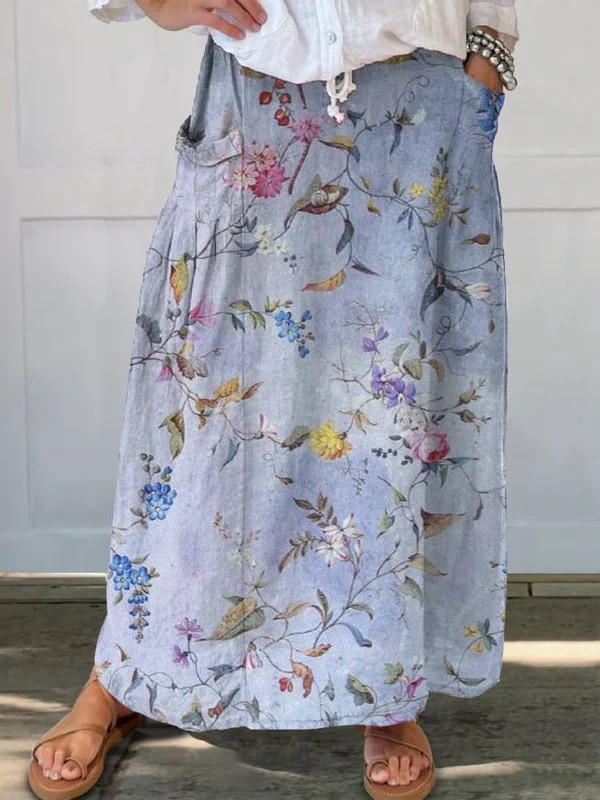 Elegant Vintage Floral Pocket Maxi Skirt — model wearing