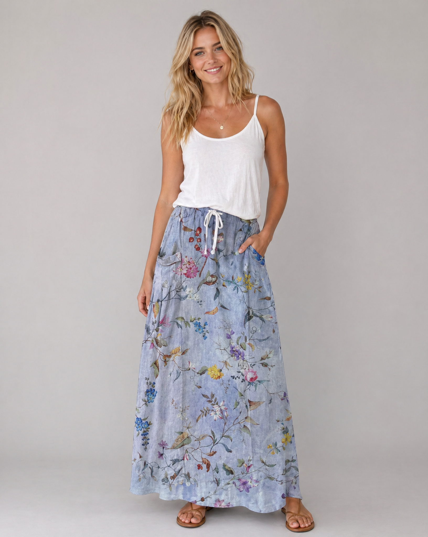 Elegant Vintage Floral Pocket Maxi Skirt
