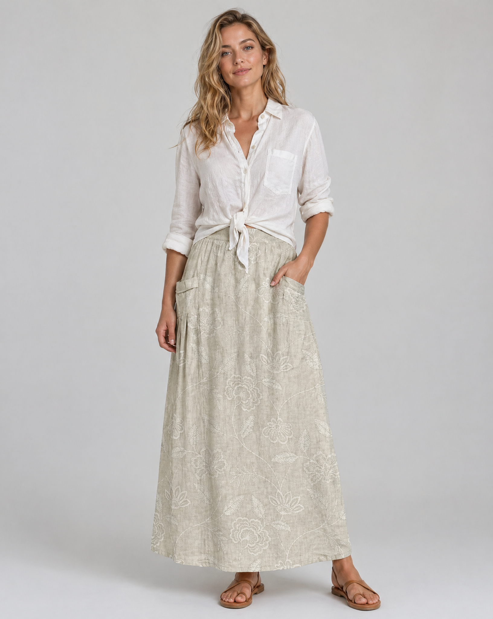 Embossed Vintage Floral Pocket Long Skirt — model wearing