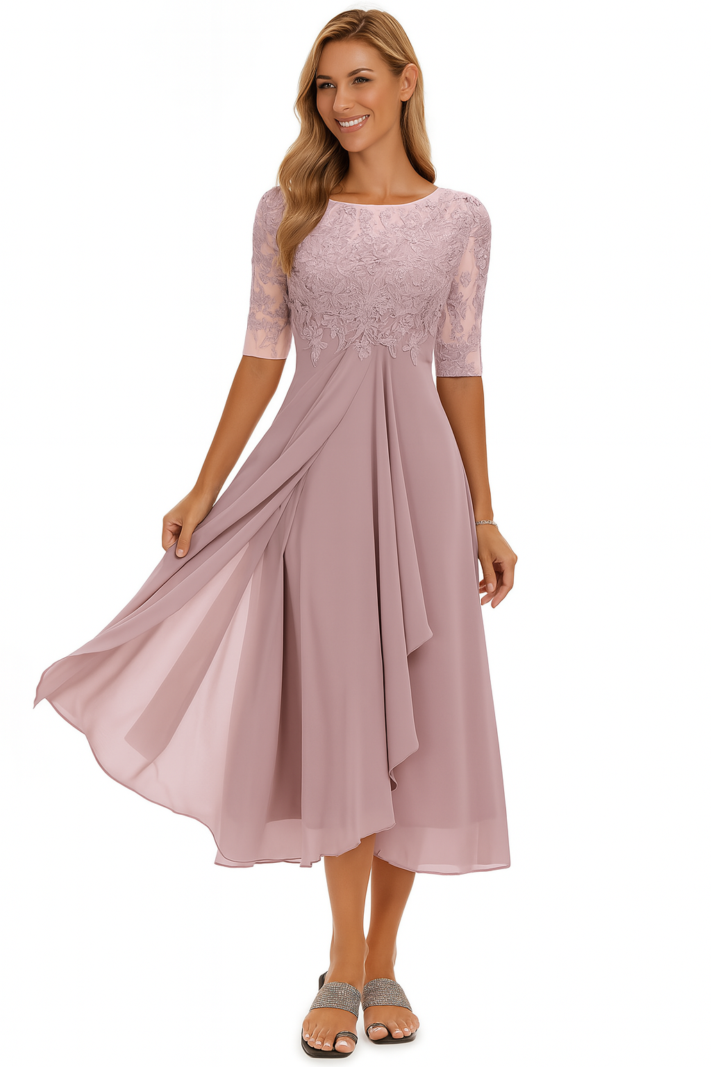 Embroidered Lace-Bodice A-Line Chiffon Tea-Length Dress with Square Neckline — back view