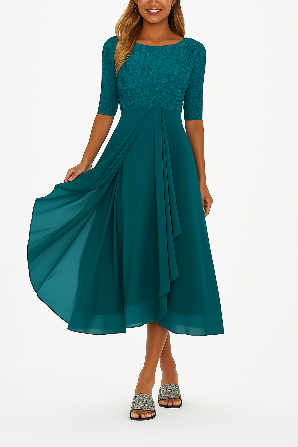 Embroidered Lace-Bodice A-Line Chiffon Tea-Length Dress with Square Neckline — close-up