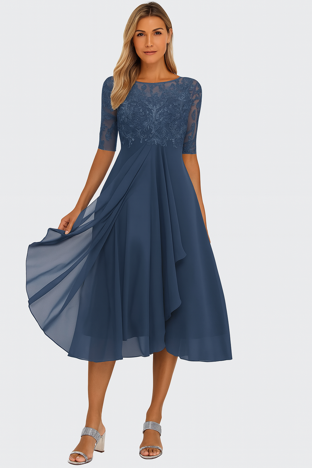 Embroidered Lace-Bodice A-Line Chiffon Tea-Length Dress with Square Neckline — detail view