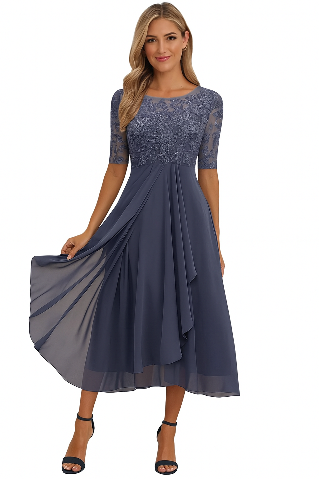 Embroidered Lace-Bodice A-Line Chiffon Tea-Length Dress with Square Neckline — model wearing