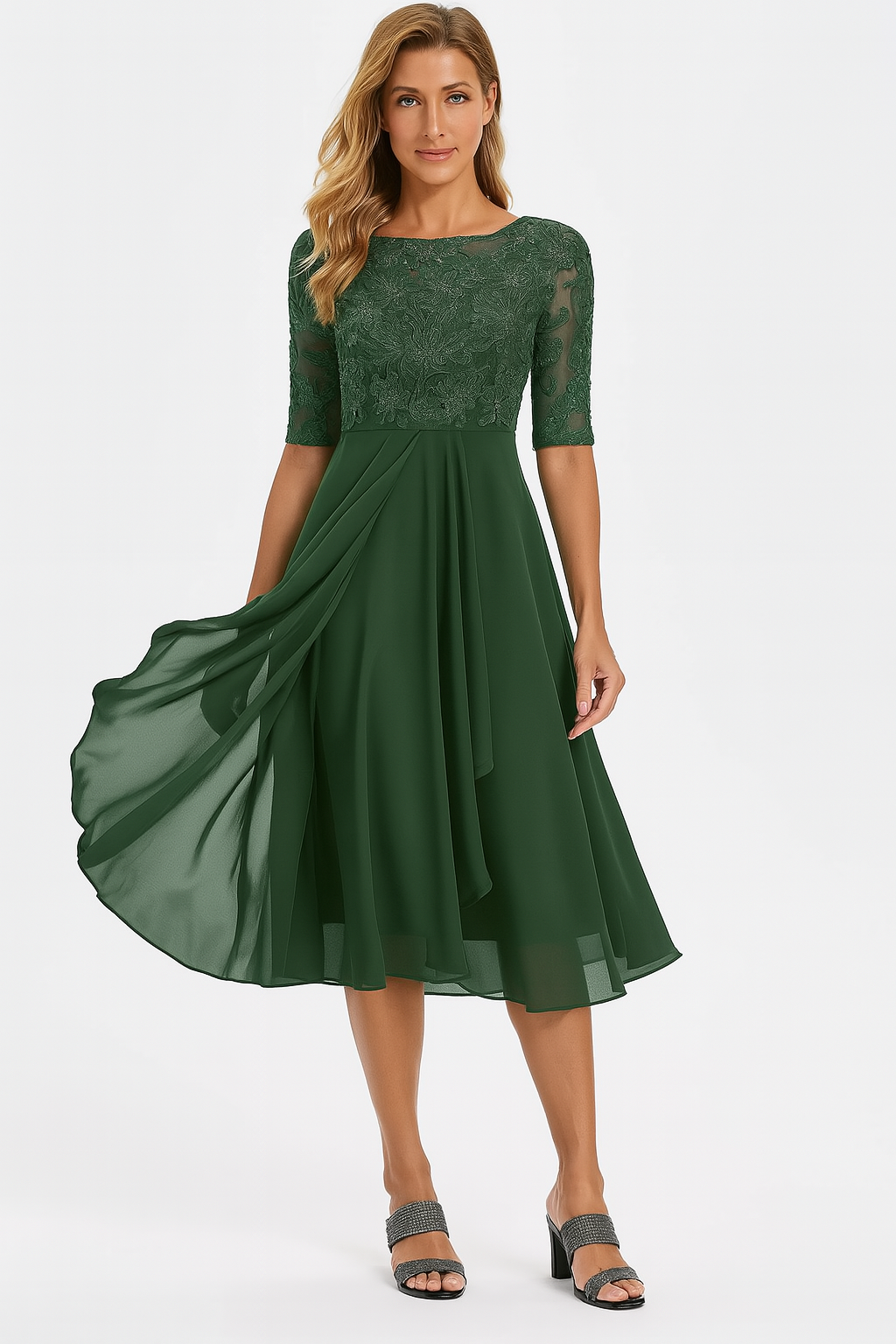 Embroidered Lace-Bodice A-Line Chiffon Tea-Length Dress with Square Neckline — side view
