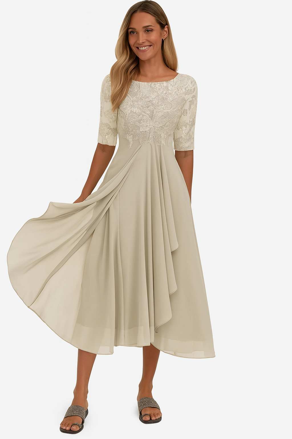 Embroidered Lace-Bodice A-Line Chiffon Tea-Length Dress with Square Neckline