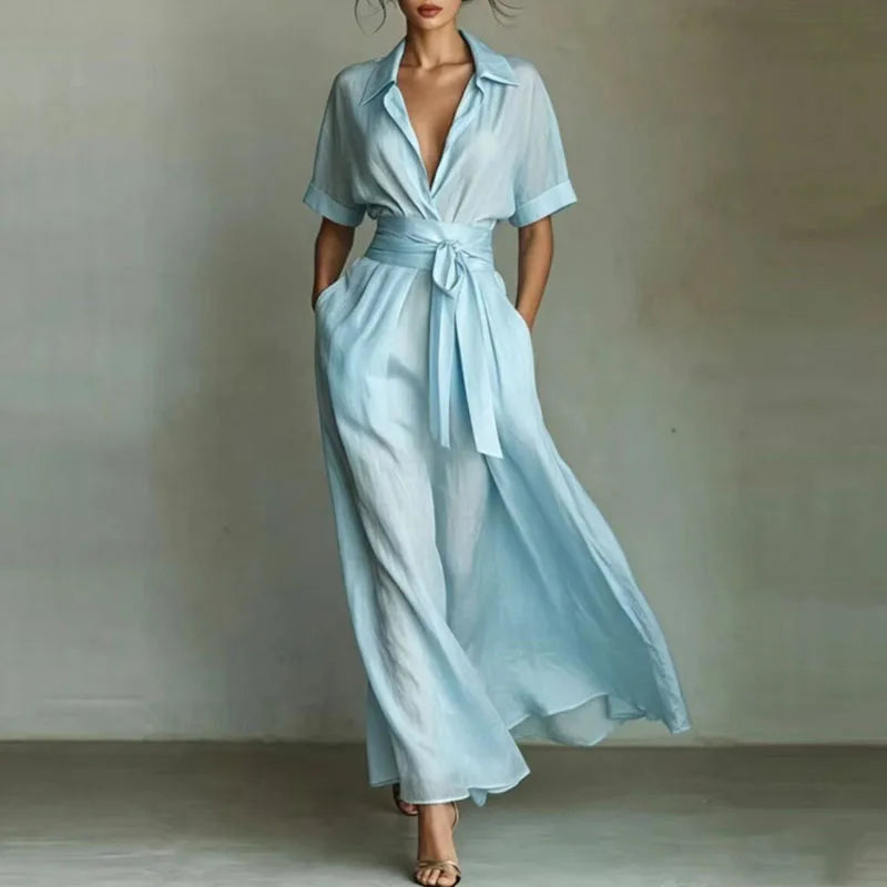 Tie Belted V-Neck Short Sleeve Maxi Shirt Dress — back view
