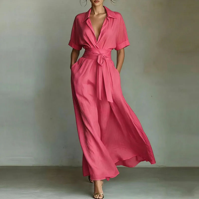 Tie Belted V-Neck Short Sleeve Maxi Shirt Dress — close-up