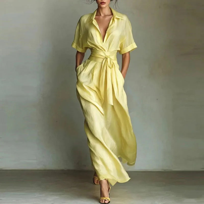 Tie Belted V-Neck Short Sleeve Maxi Shirt Dress — detail view