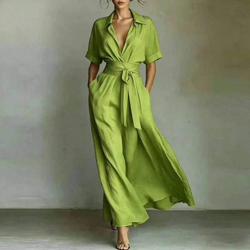 Tie Belted V-Neck Short Sleeve Maxi Shirt Dress — model wearing