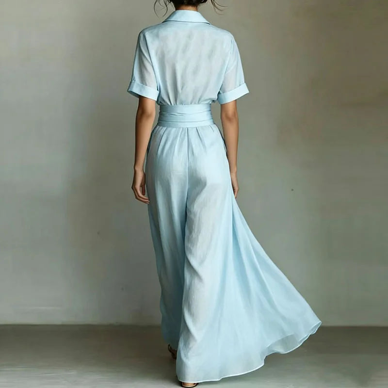 Tie Belted V-Neck Short Sleeve Maxi Shirt Dress — side view