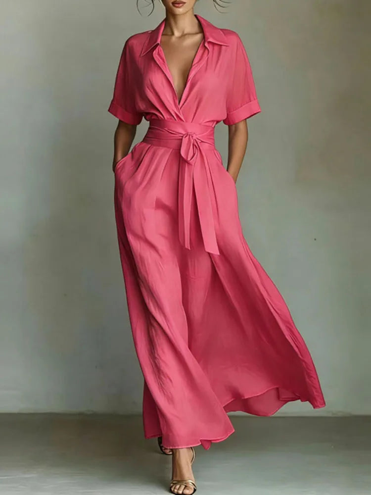 Tie Belted V-Neck Short Sleeve Maxi Shirt Dress