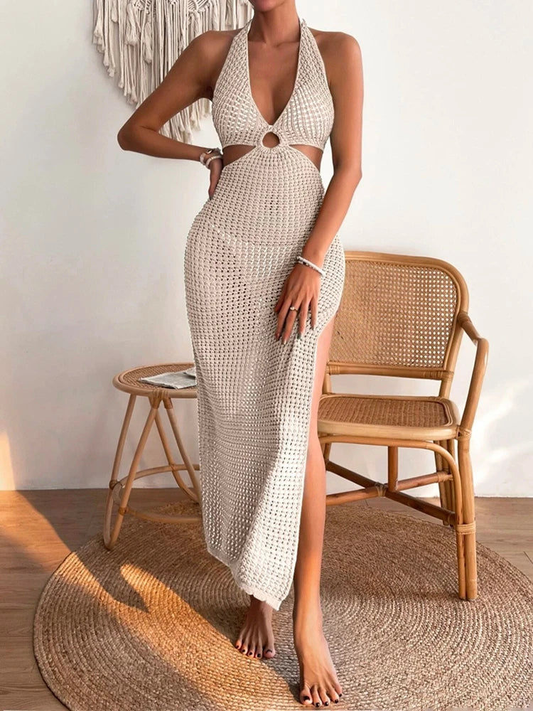 Crochet Knit Cut-Out Halter Beach Maxi Dress — side view
