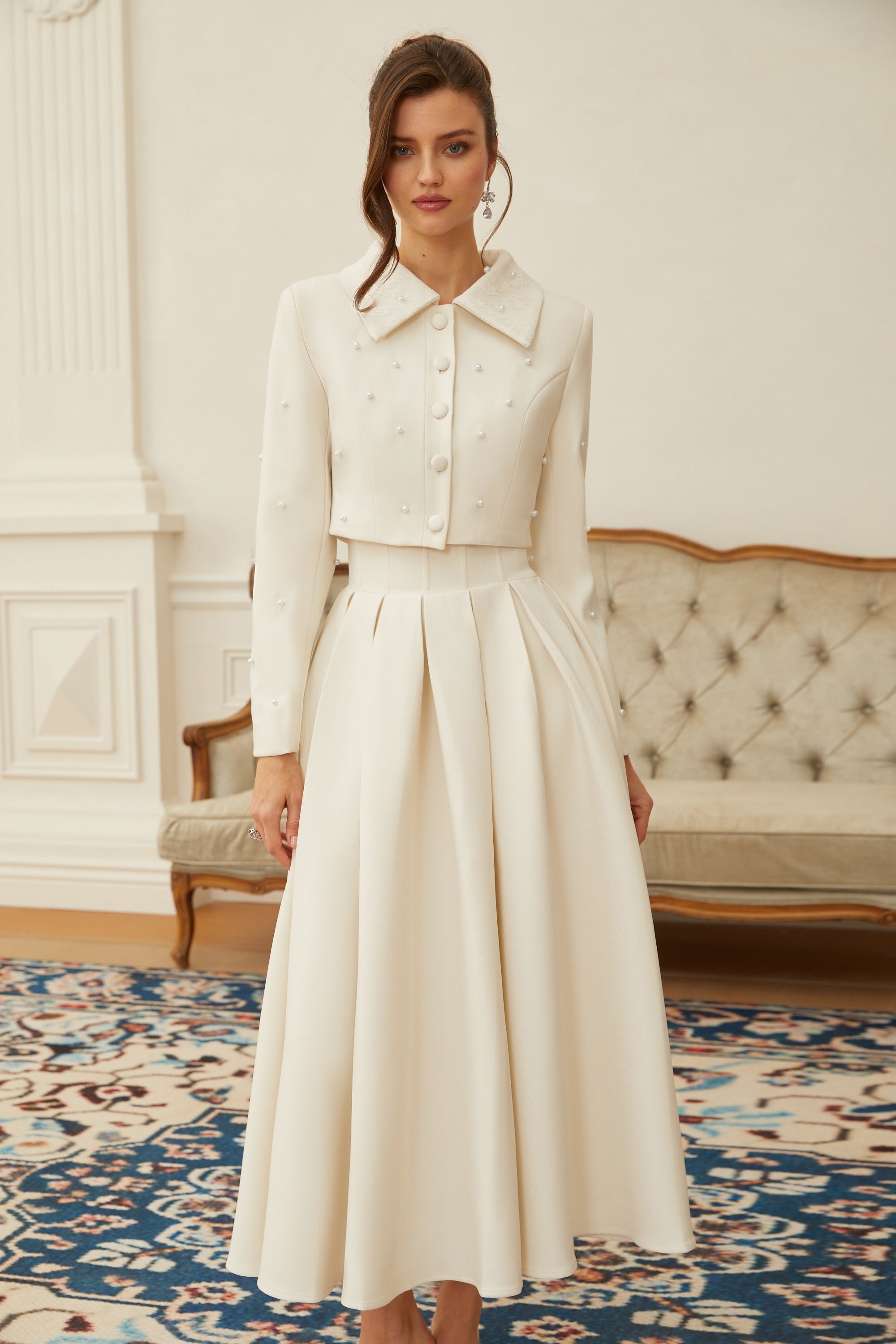 Faux Pearl Cropped Jacket and Pleated A-Line Skirt Two-Piece Set
