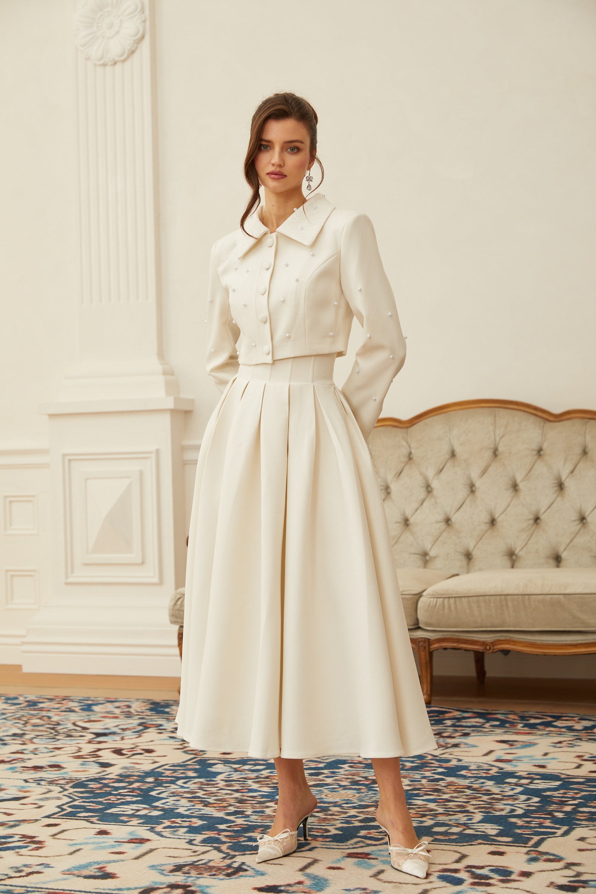 Faux Pearl Cropped Jacket and Pleated A-Line Skirt Two-Piece Set