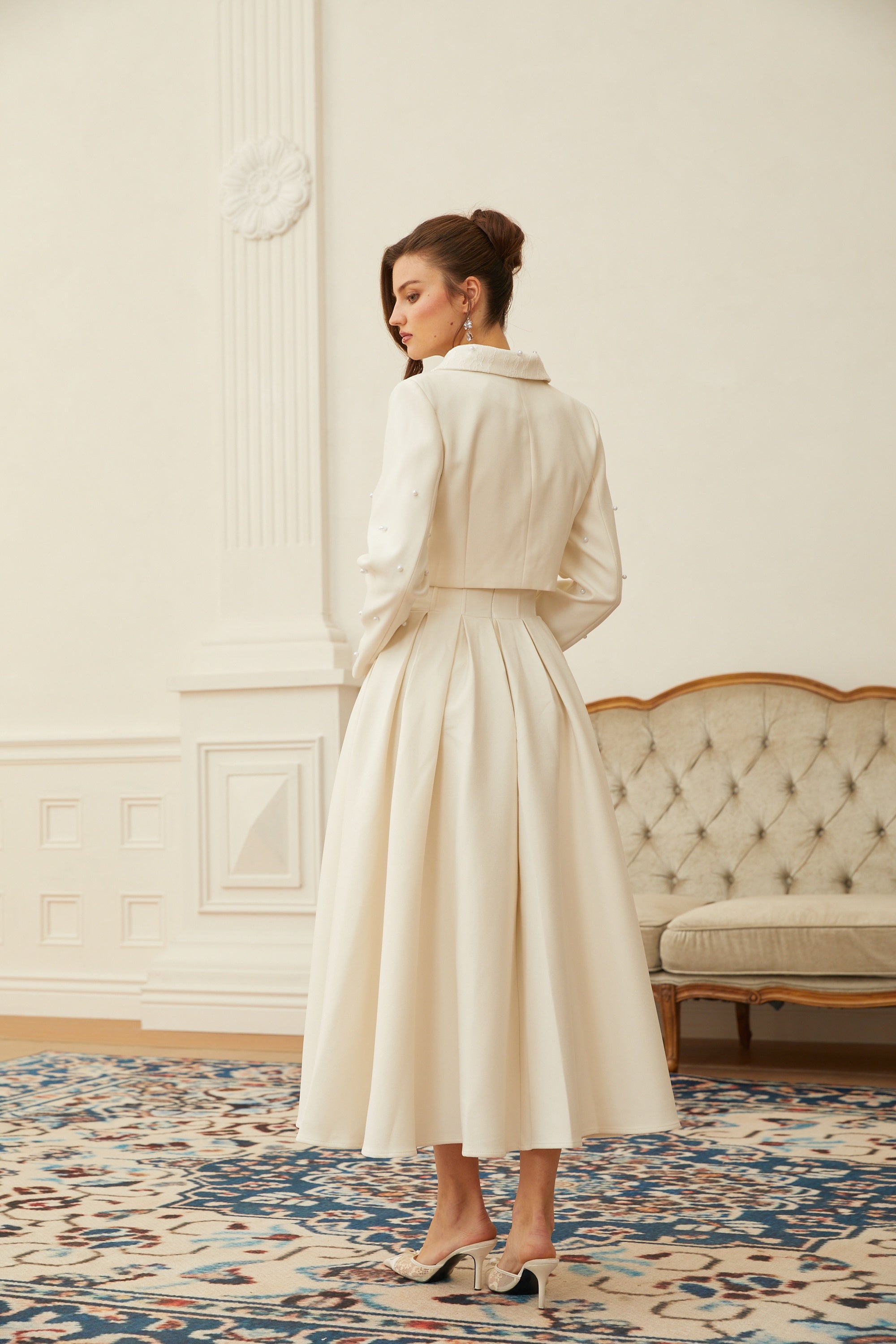 Faux Pearl Cropped Jacket and Pleated A-Line Skirt Two-Piece Set