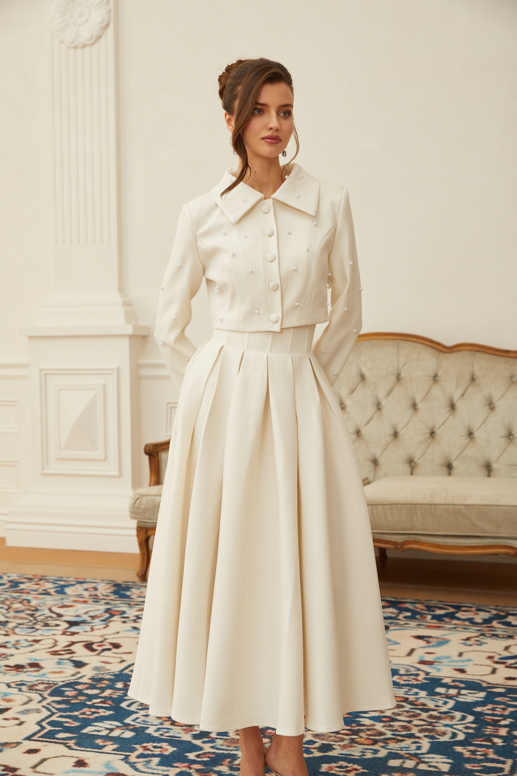 Faux Pearl Cropped Jacket and Pleated A-Line Skirt Two-Piece Set