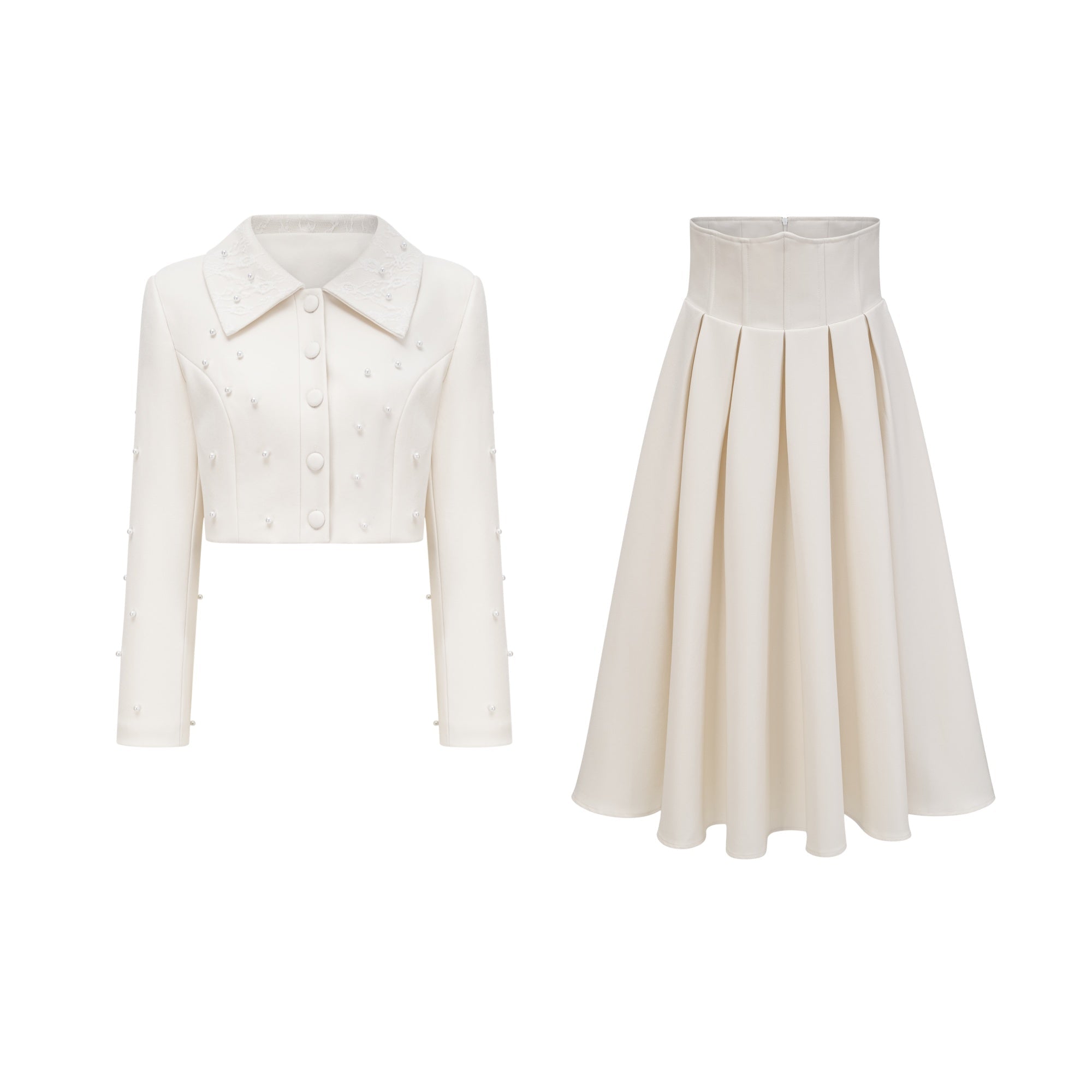 Faux Pearl Cropped Jacket and Pleated A-Line Skirt Two-Piece Set