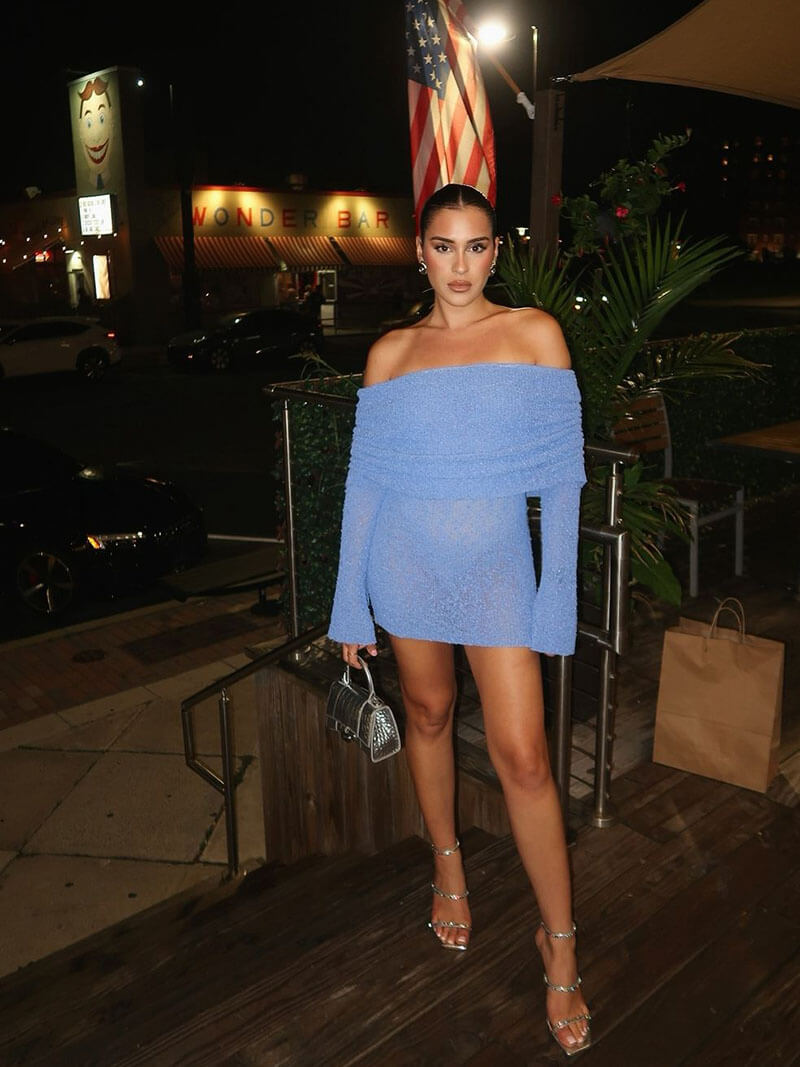 Fitted Knit Off Shoulder Long Sleeve Bouclé Mini Dress